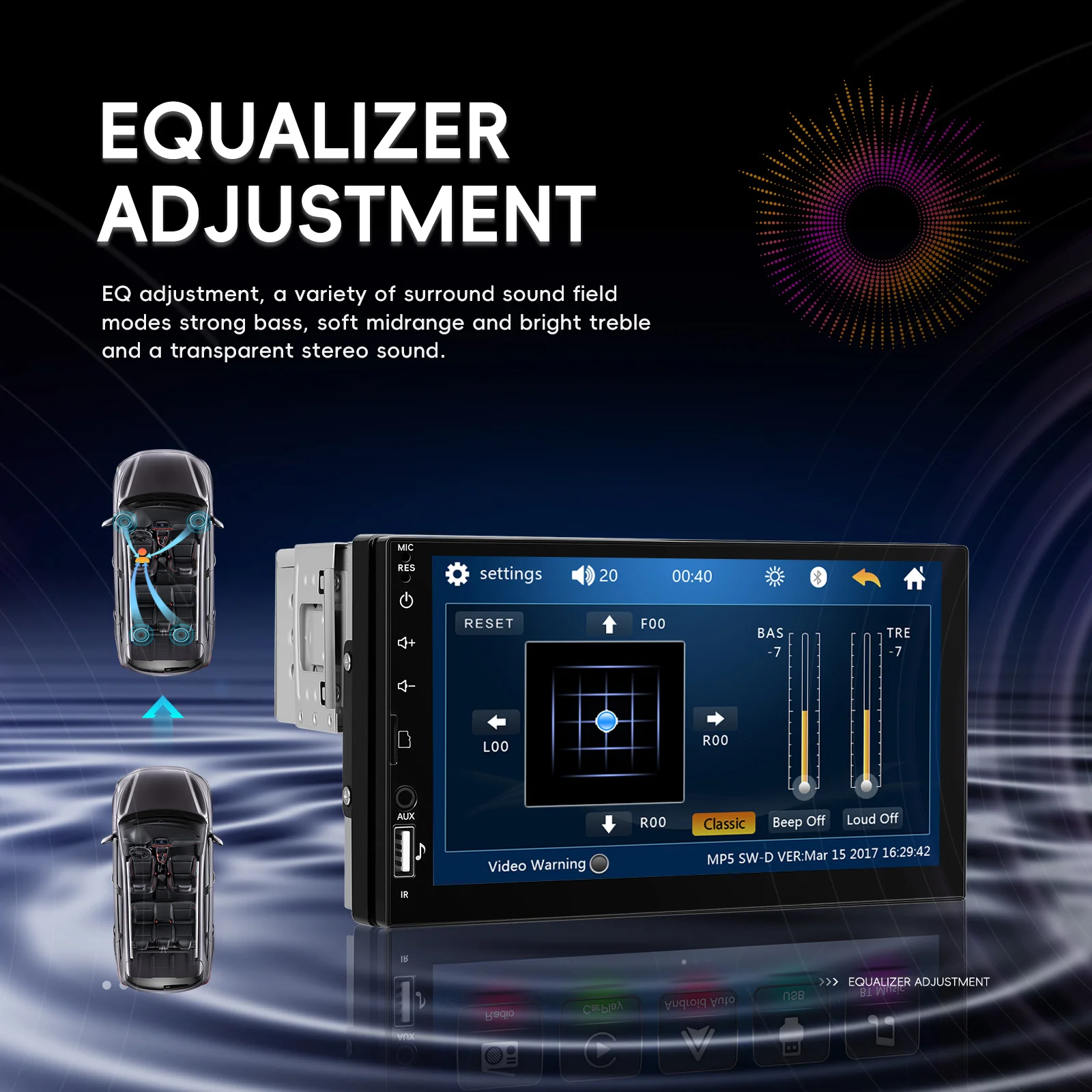 Podofo 1Din مشغل MP5 مرآة رابط 7 ''شاشة تعمل باللمس مشغل وسائط متعددة EQ بلوتوث USB FM عكس كاميرا الرؤية الخلفية ستيريو السيارة #3