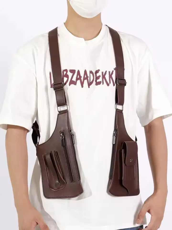 Retro Doppelschulterriemen Taktische Tasche Multi-Taschen Diebstahlsicher Wasserdicht PU Outdoor Reise Wandern Brusttasche für Männer Täglicher Gebrauch – Detail 1
