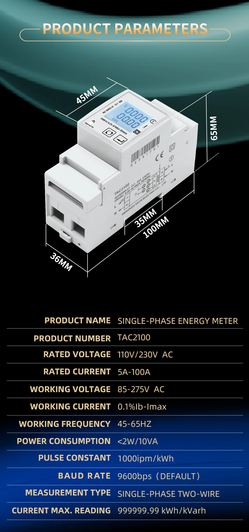 220v Power Single Phase Digital Din Rail Wattmeter Ammeter Voltmeter KwH RS485 MODBUS Electric Consumption Meter TAC2100
