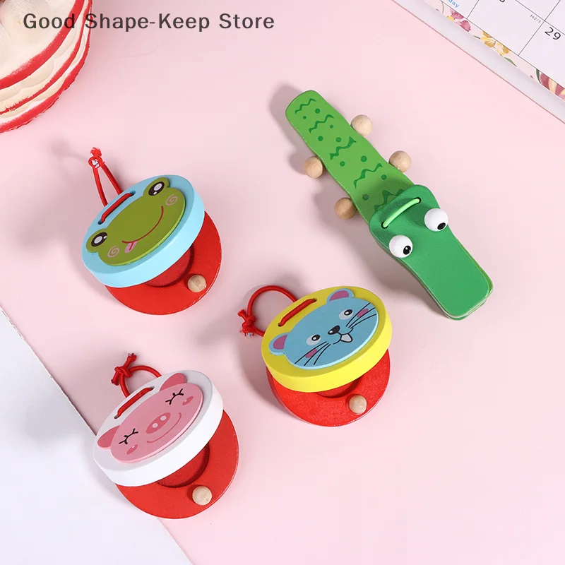 

1PC Cartoon Wooden Kids Musical Instrument Educational Toy Crocodile Or round Castanets Baby Clapper Handle Music Plaything