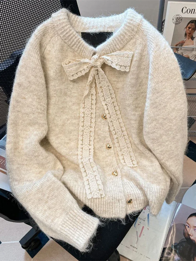

Милый женский кардиган с бантом, корейский свободный вязаный свитер с длинным рукавом и круглым вырезом, повседневные винтажные женские осенне-зимние топы с пуговицами