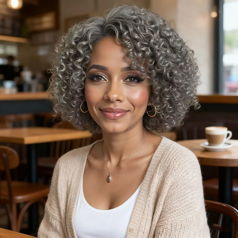 

12 Inches Salt And Pepper Wigs Human Hair HD Grey Lace Front Wig Natural Wave Preplucked Hairline Deep Curly Bog Wig For Women