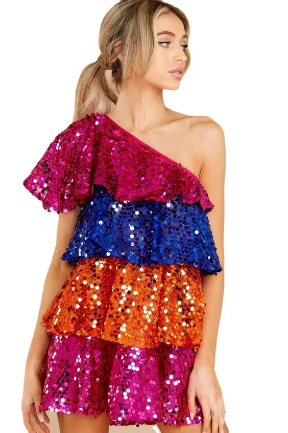 Short Sequined Off-shoulder Sleeveless Spliced Hot Girl Three-color Stacked Cake Skirt Dress