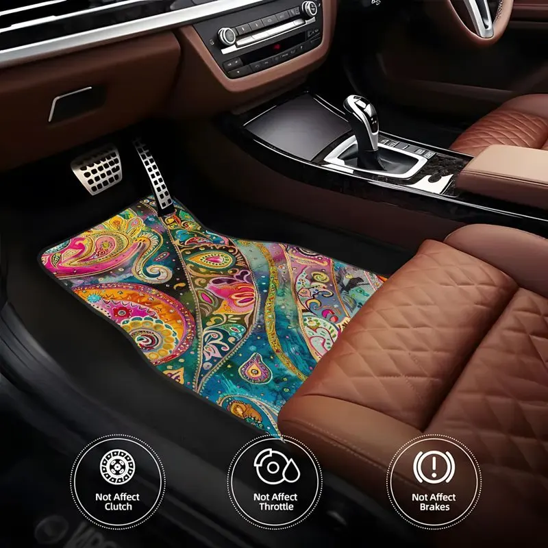 Set Of 4, Bohemian Style Patterned Rubber Car Floor Mats, Universal Non-Slip Carpets, Easy To Clean Interior Accessories, Suitab
