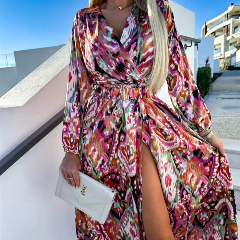 Trend V-neck Split Dress Women Long Sleeve High Waist Big Swing Maxi Dresses Floral Printed Slim Fits Long Casual Bohe Dress