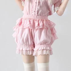 Doce lolita shorts de segurança rosa menina kawaii laço plissado algodão roupa interior em camadas abóbora calças curtas vitoriano gothic jk bloomers