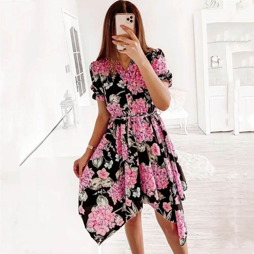 

Bohemian Summer Womens Dress Nice Fashion Casual Floral Print Beach Holiday Sundress Lady Boho Elegant Dresses For Women Clothes