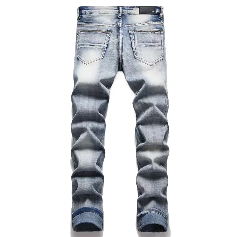 European men's unique embroidered denim fashionable elastic light colored printed rainbow versatile men's pants