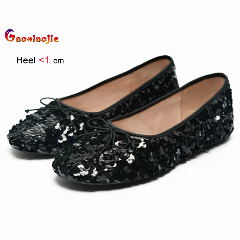 

2025 New Luxury Bling Sequins Black Butterfly Knot Women's Ballet Flat Shoes Round Head Shallow Mouth Ladies Pumps Casual Shoes