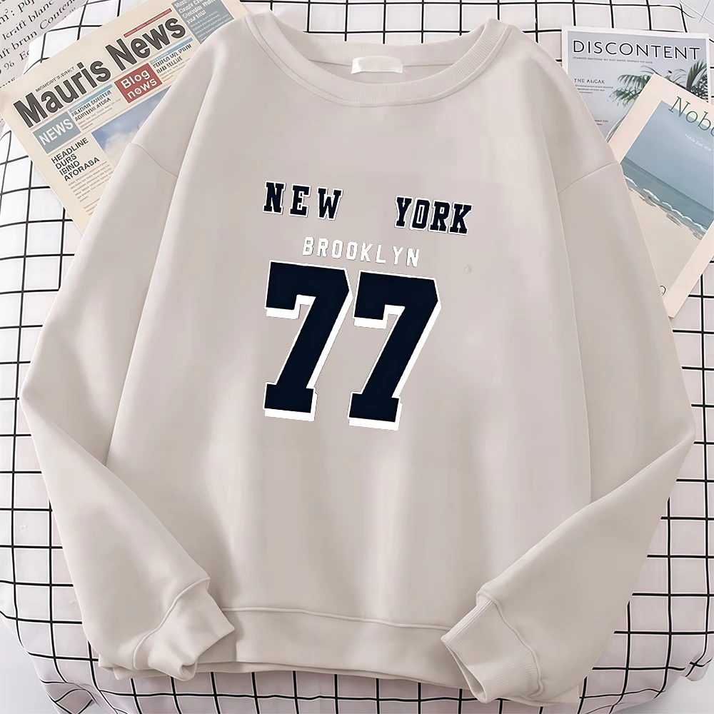 뉴욕 브루클린 77 프린팅 후드티 여성용 스포티 루즈 풀오버 겨울용 플리스 따뜻한 스웨트셔츠 조깅 포켓 남성 의류