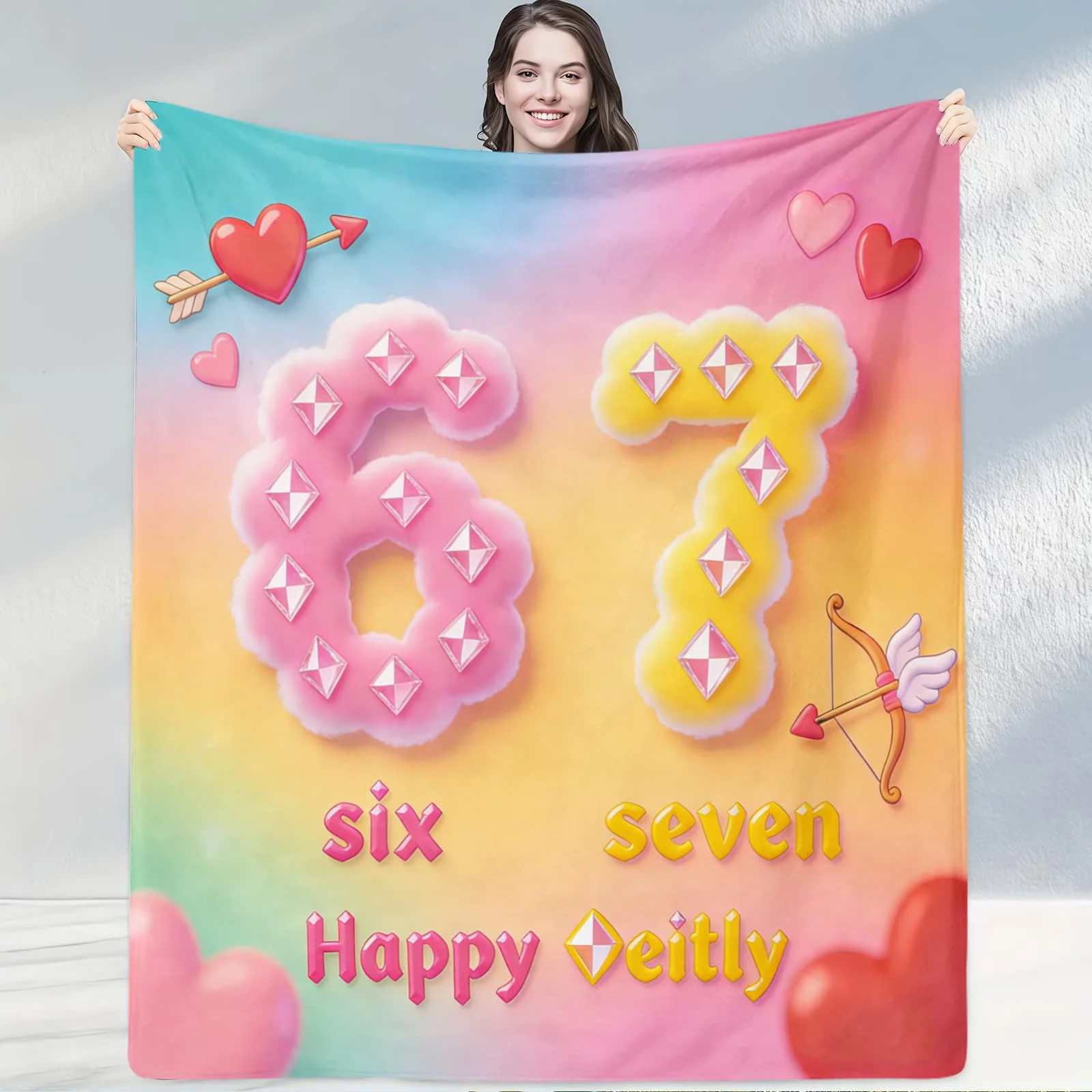 

Одеяло с радужным бриллиантом и номером 67, блестящее стильное покрывало для диванов, уютный декор, подарок с сердечками и стрелами, показывающий живую атмосферу