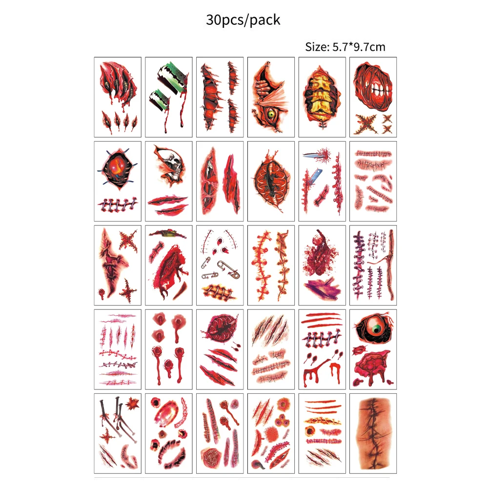 30pcs Waterproof Bleeding Wound Scar Tattoo Stickers for Halloween Party Realistic Temporary Tattoos for Women Men Fake Tattoo
