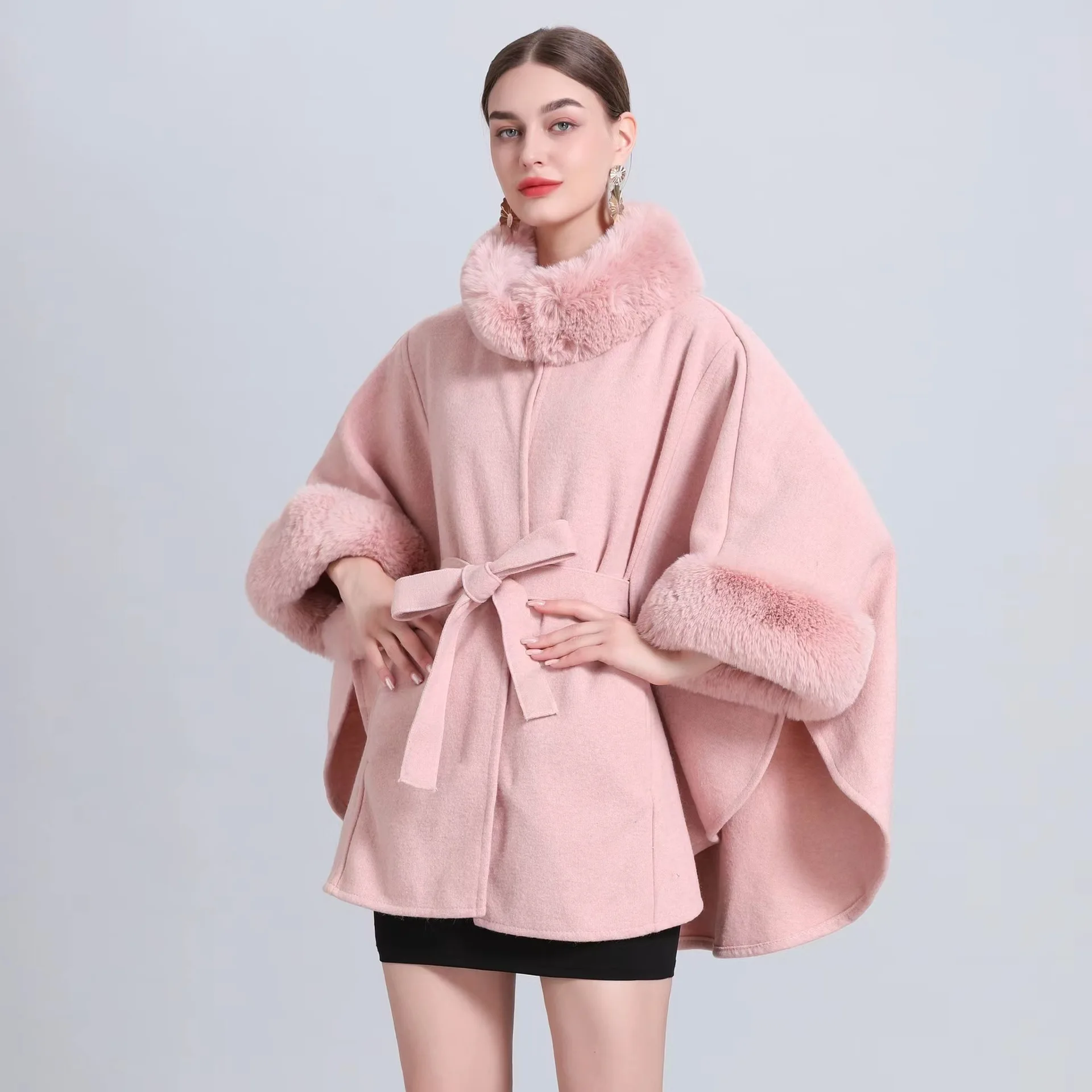 

8 Colors Winter Streetwear Women Woolen Cardigan Mantle Long Poncho Cloak Faux Rabbit Fur O Neck Loose Topcoat With Belt