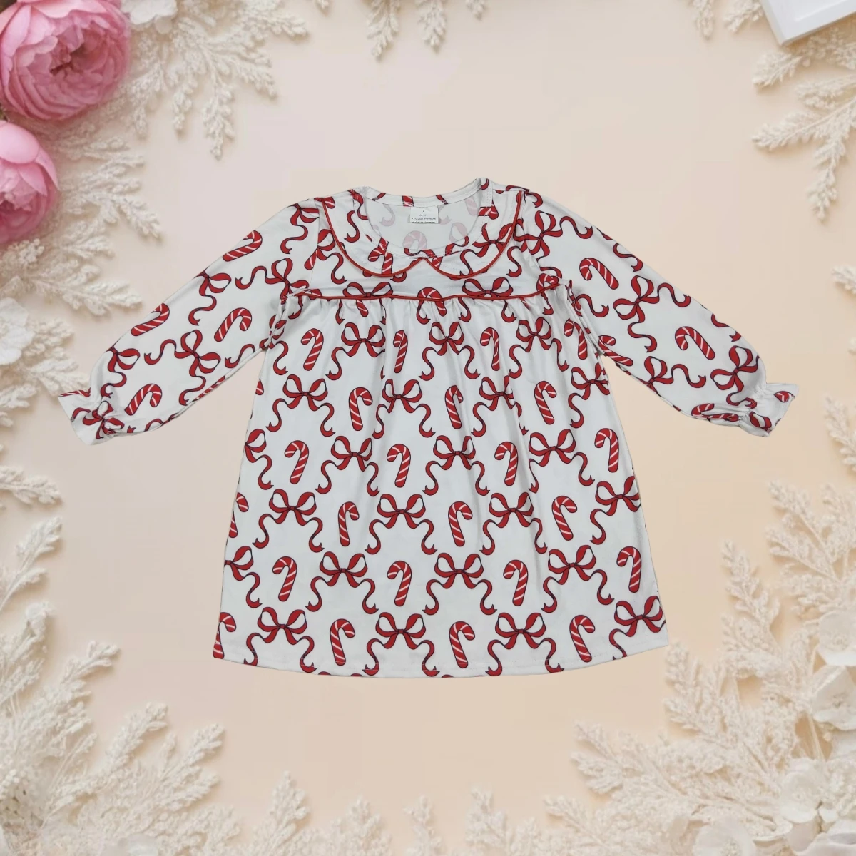 

Baby Girl Dress Christmas Kids Long Sleeve Doll Collar Sweet Toddler Knee Length Dress Bows Candy Cane Dresses Children Clothes