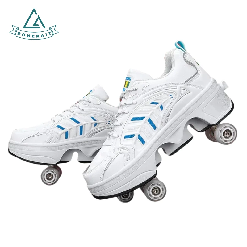 Обувь PONERAIT с колесами, 4-колесные туфли на шнуровке для роликовых коньков, унисекс для подростков и взрослых, кожаные квадроциклы, идея подарка