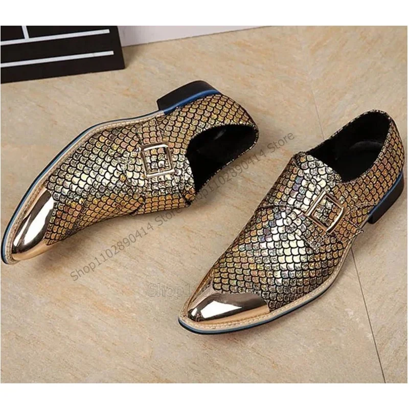 

Gold Fish Scale Print Metal Buckle Decor Men Shoes Fashion Slip On Male Shoes Luxury Handmade Party Feast Office Men Dress Shoes