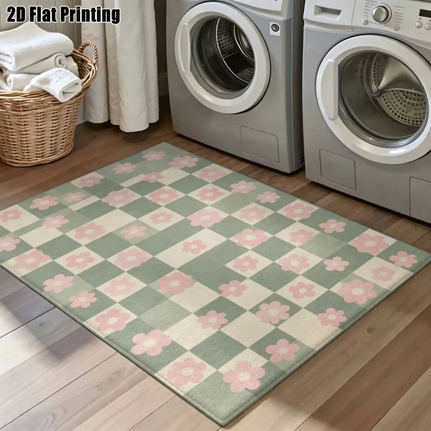 1Pc 2D Printed Carpet: Fresh Pink Green Floral, Nordic/Instagram Minimalist Modern Geometric Striped, Machine Washable Multi-Size Home Decor Mat for Entryway, Dining Room, Foyer, Living Room, Bedroom