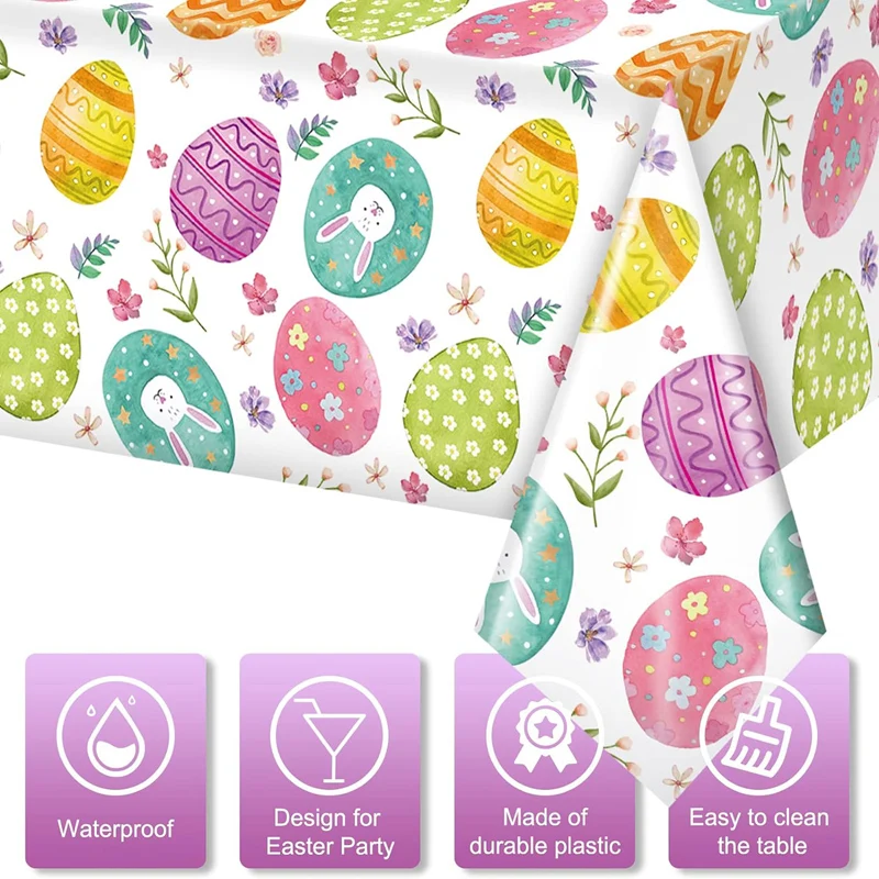 Easter Party Tablecloth Spring Picnic Waterproof Wipeable Plastic Table Cover Easter Disposable Table Cloths with Egg Floral