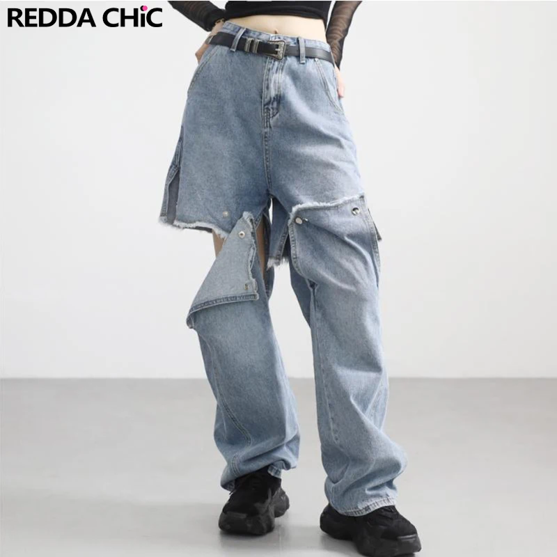 

ReddaChic Detachable Buttons Two-Wear Women Baggy Jeans Straight High Rise Trousers Korean Stylish Wide Leg Vintage Y2k Pants