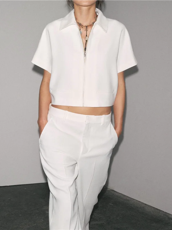 Pantalones de pierna recta de talla grande para mujer, pantalones largos con cuello vuelto, cierre de cremallera de Color Four Seasons