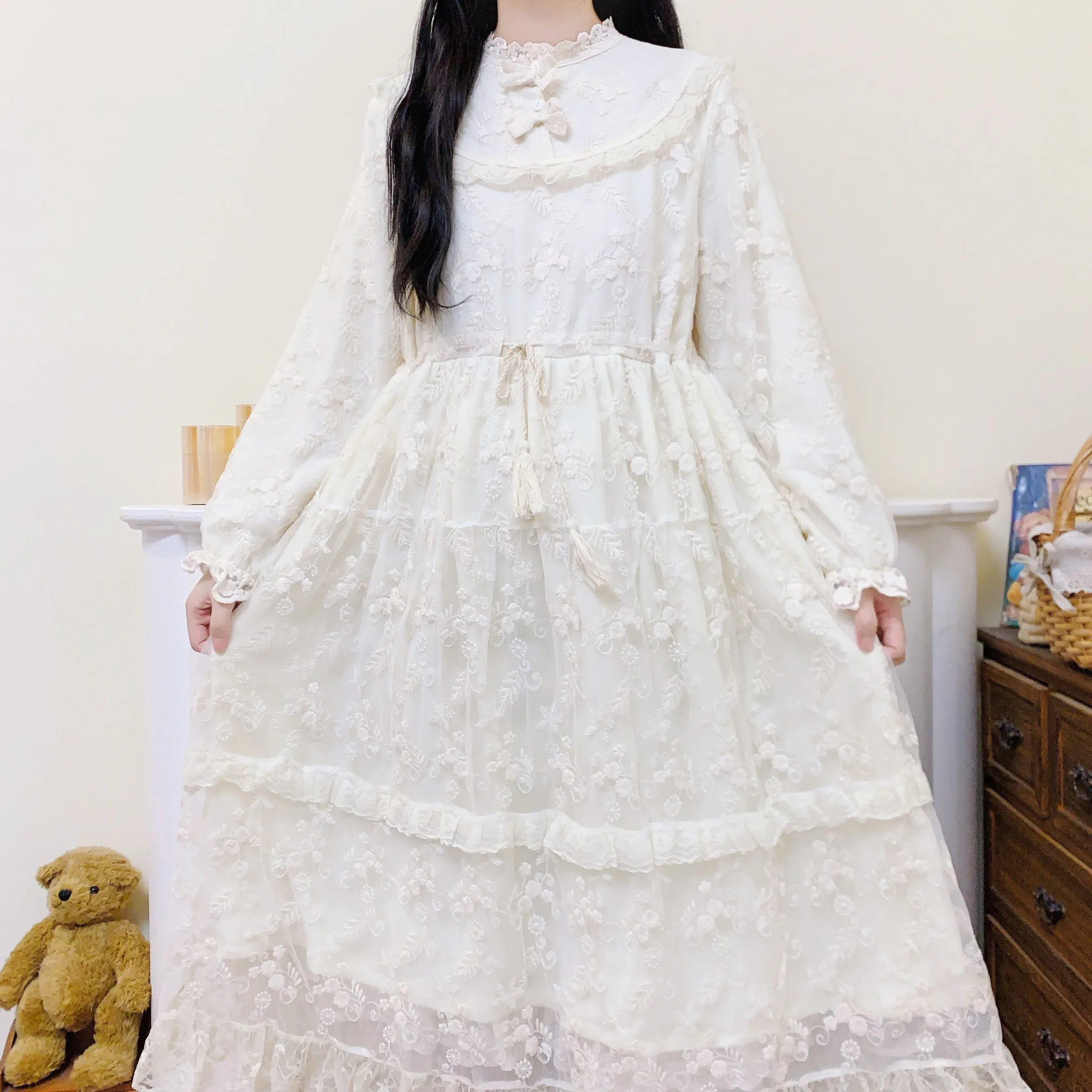 

Vintage Winter Fleece Ruffled Lace Bow Long Dress for Women Retro Chic Sweet Lolita Victorian Rococo Evening Wedding Midi Dress