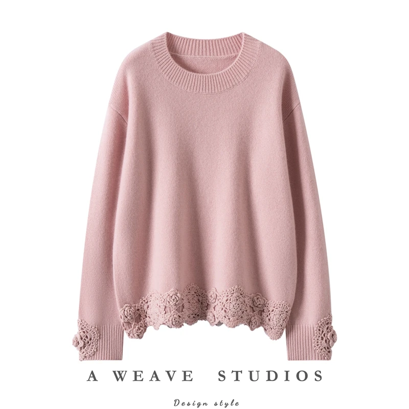 

Trendy women's 100% pure cashmere pullover high-quality casual knit sweater loose round neck Tops thick streetwear Pull Jumper