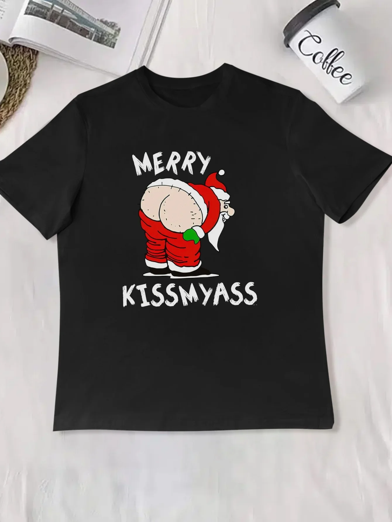 Women Merry Christmas Kiss My Ass Funny Santa Claus Print Soft Comfortable Street Short Sleeve Round Neck Causal Clothing