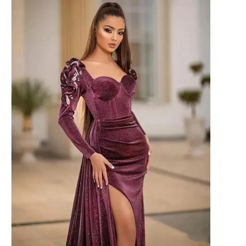 Sparkly Fluwelen Zeemeermin Avondjurk Hals Lange Mouw Galajurk Plus Size Sexy Split Feestjurk Vestdos De Fiesta Aangepast