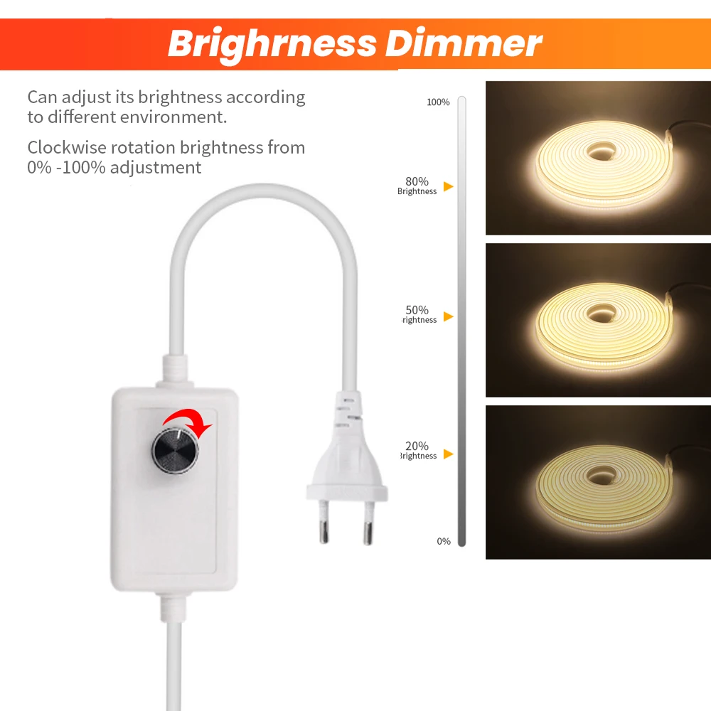 220V EU Power Supply Plug with LED Dimmer Switch COB Brightness Adjustment Controller For 288 360LEDs/m LED COB Light