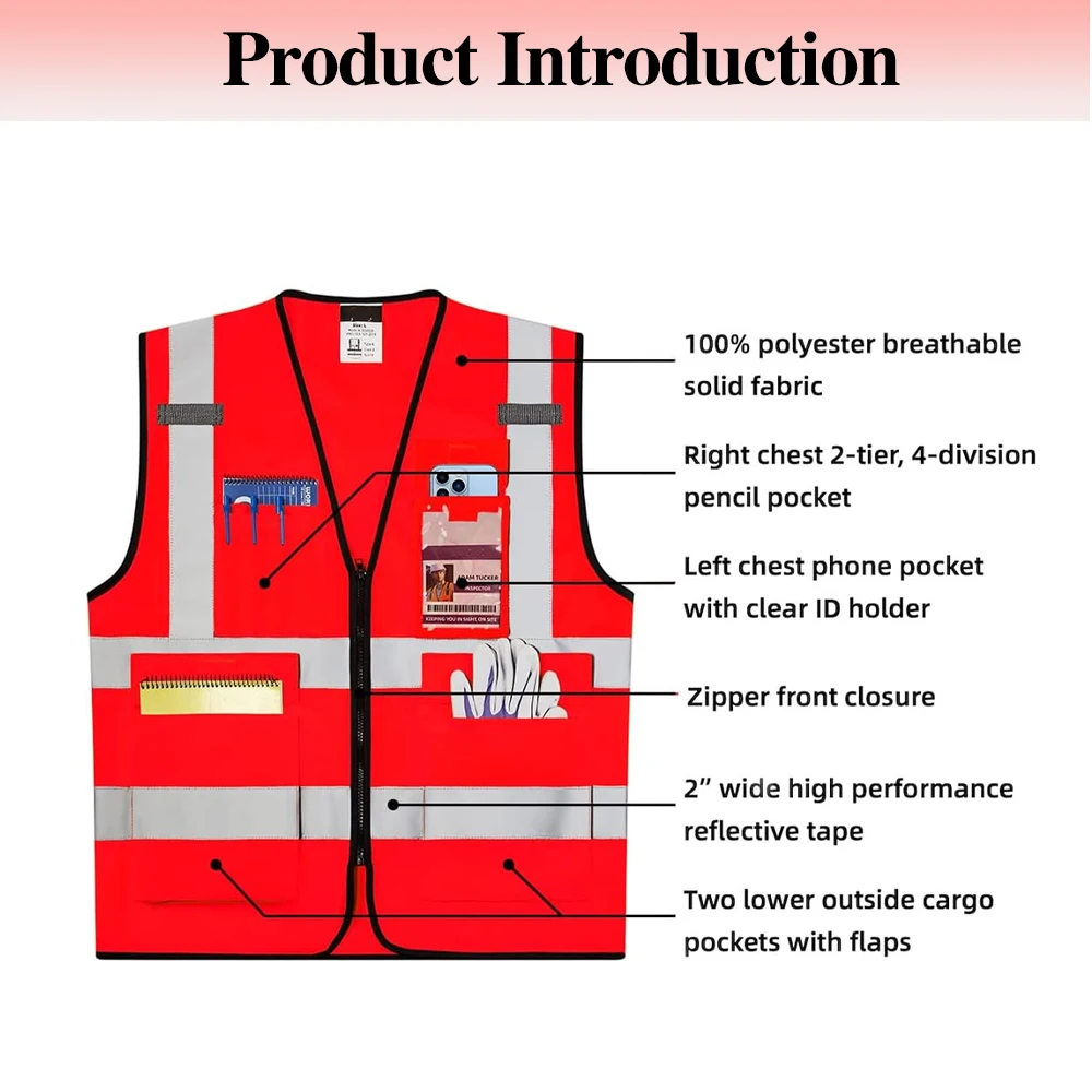 Red Reflective Work Safety Vests Multi-pocket Construction Worker Working Clothes High Visibility Reflective Safety Vest