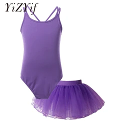 Girls Ballet Leotard Tulle Layered Skirts Crisscross Dance Leotards 2 Pieces Dance Suits Kids Purple Sleeveless Ballet Bodysuits