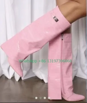 

Lady cute pink turn-over edge boots sexy calf knee boots side zip design metal buckle decoration T show boots footwear size 43