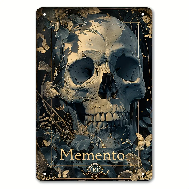 Vintage Gothic Skull Memento Mori  Metal Sign - Dark Floral Wall Art with Intricate & Foliage Design, Easy Install Home Bar Offi