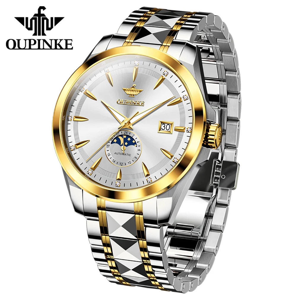 OUPINKE 3292 Hochwertige Herrenuhren, wasserdicht, leuchtend, mit Mondphase, automatischem Datum, Herren-Armbanduhr, Relógio Masculino