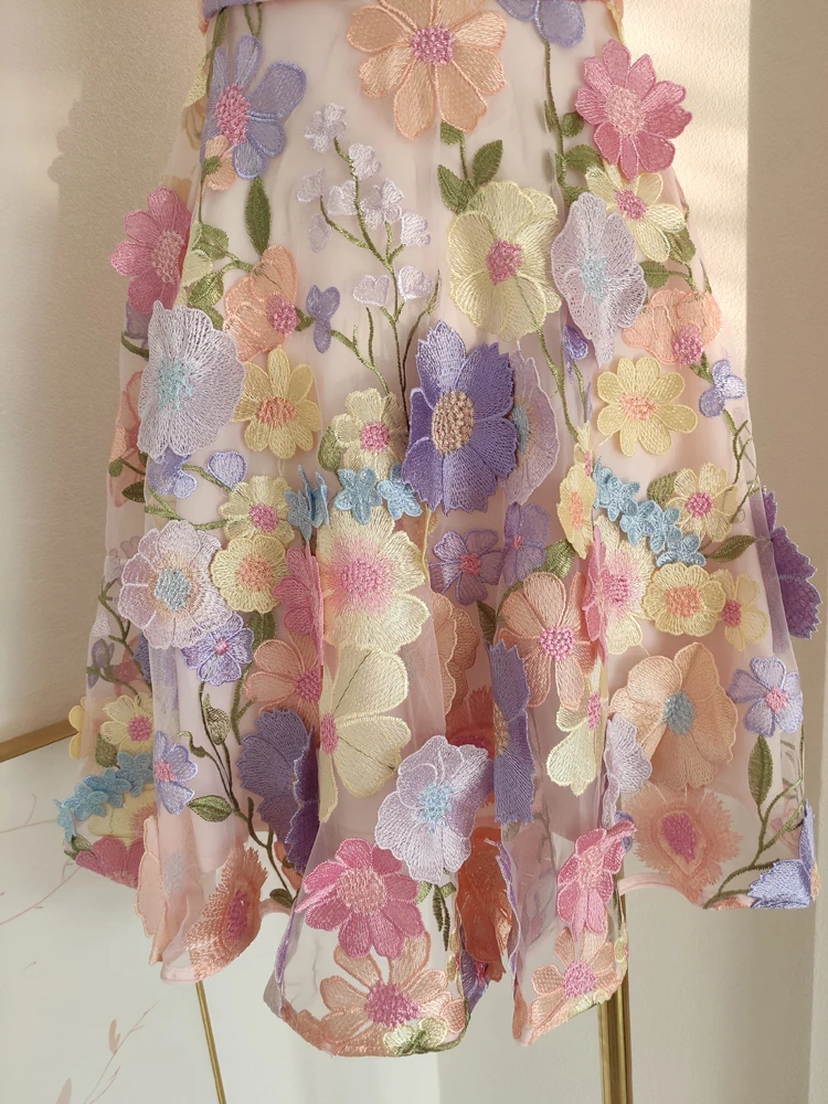 Luxury Embroidery Floral Evening Dresses Women Summer Elegant 3D Flower Straps Sundress White Party Wedding Dress Bridesmaid