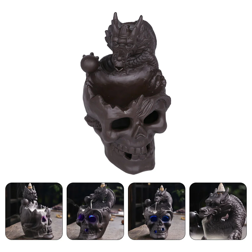 

Skull Aroma Diffuser Ceramic Incense Burner Holder Backflow Censer Purple Clay LED Dragon