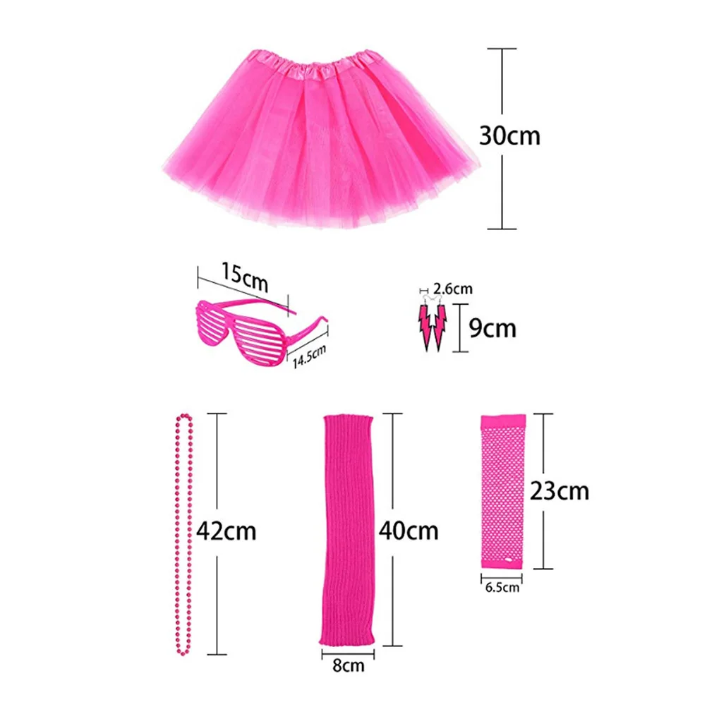 

6pcs Dress up Suit 80s Party Fancy Dress Costume Neon Necklace Window-shades Glasses Earrings Fishnet Gloves Tutu Skirts Photo
