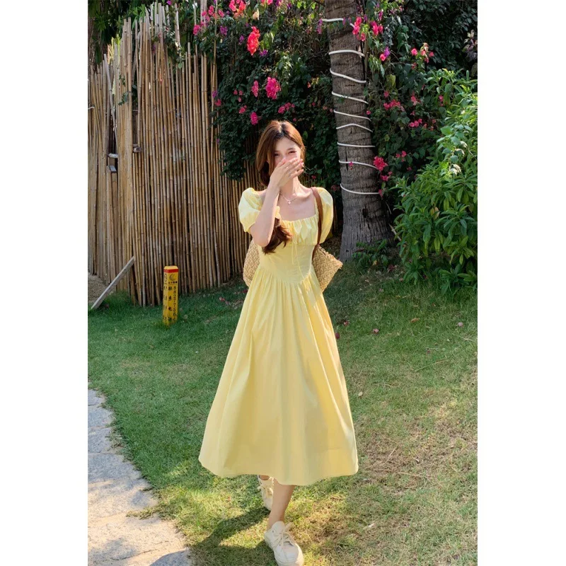 Y2k Summer Fold Yellow Dress French Puff Sleeve Dresses One Piece Slim Dress Women\'s Long Dresses Solid Casual Fashion Clothes