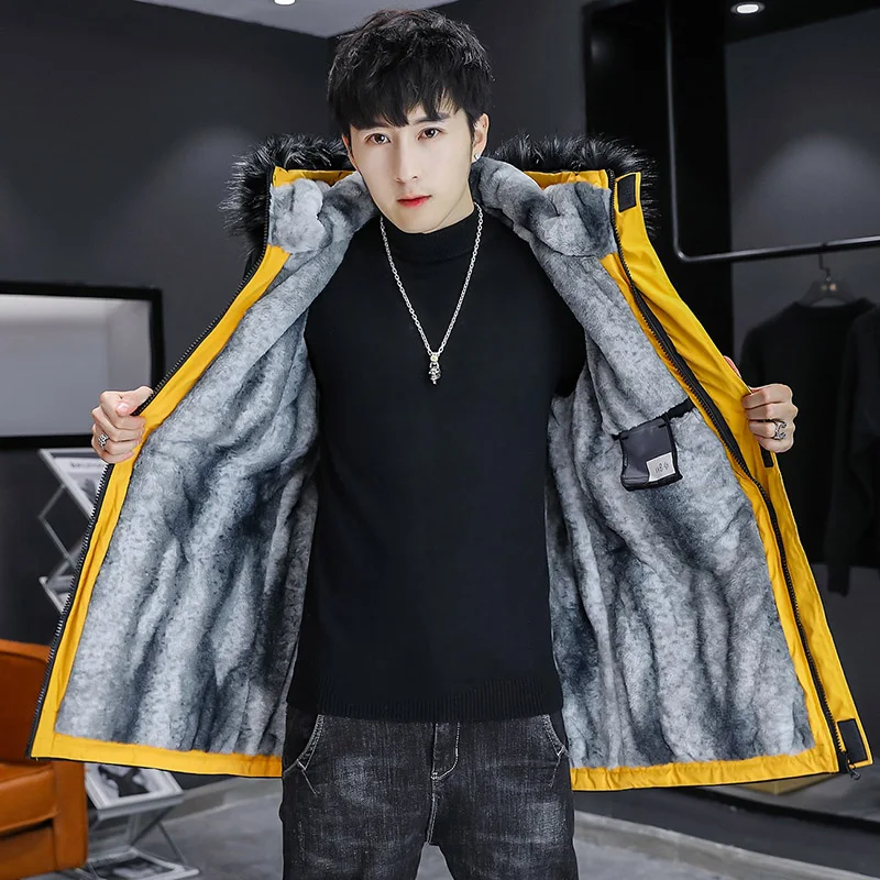 Fashion 2024 Autumn Winter Men\'s Warm Hooded Fleece Jacket Streetwear Loose Thicken Mid-Length Plush Coat Youth Windproof Parkas