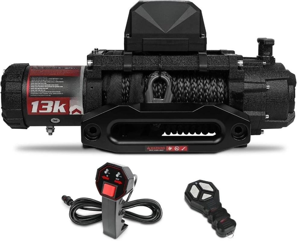 

Electric Winch 13000 lb. Load Capacity with 79ft Synthetic Rope and Hawse Fairlead 12V IP68 Waterproof, Wired and Wireles