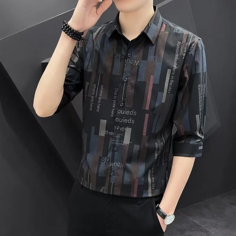 

Autumn Men's Shirt Modern Trends Korean Casual Half Sleeved Striped Shirt Hot Selling Men's Clothing Daily Home Fit Top 2023 New