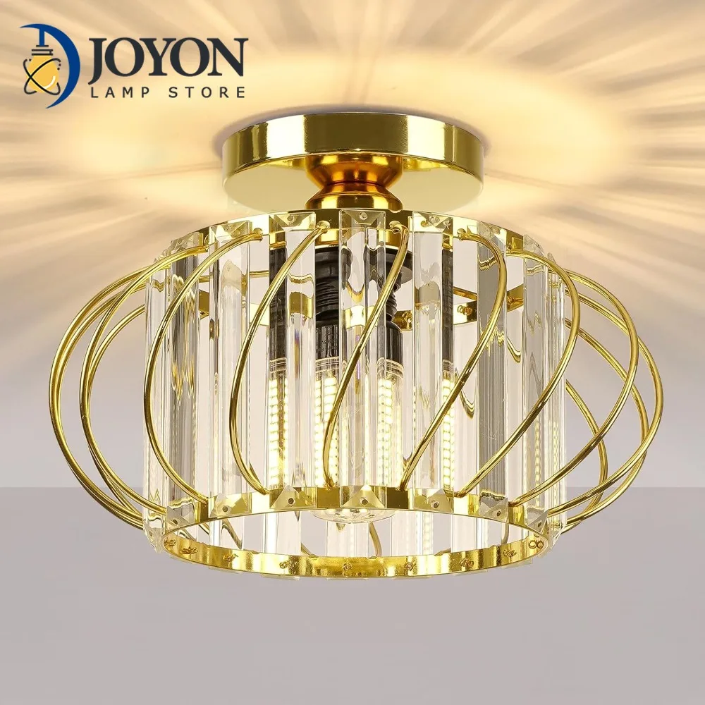 

Semi Flush Mount Ceiling Light Small Crystal Chandelier Hallway Black Metal Cage Modern Light Fixture for Entryway Bedroom Porch