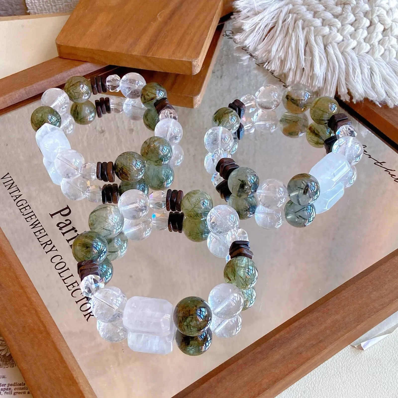 Prosperity Green Prehnite Bracelet Wood Accent Look With Crystal Drop Sweet Jewelry Gifts For Women Daily Summer Vacation