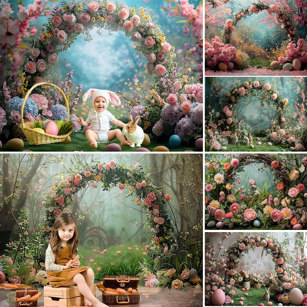 

Spring Easter Photography Background Eggs Arch Flowers Garden Decor Backdrop Kids Cake Smash Birthday Portrait Photo Studio