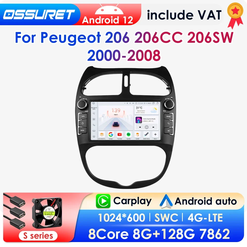 Android 12 Carplay Android Auto Radio For PEUGEOT 206 206CC 206SW 2000-2008 Multimedia GPS 2din autoradio DVD Octa Core 7862