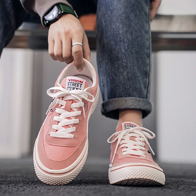 2025 Spring Fashion Pink Men's Canvas Shoes Big Size 46 Comfortable Flat Shoes Men Lace-up Casual Shoes for Men Espadrille Homme