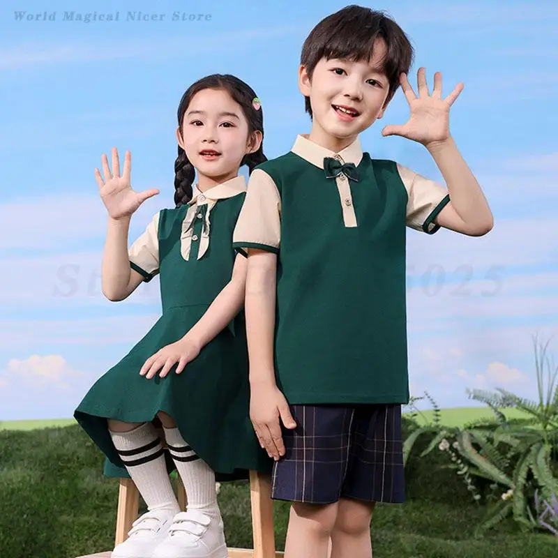 Crianças uniforme escolar do jardim de infância agasalho verão meninos esportes manga curta shorts meninas estilo acadêmico vestido cosplay traje