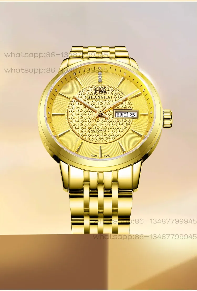 Free Shipping Shanghai Brand Watch Men's 70th Anniversary 24K Gold Watch Diamond Automatic Mechanical Watch 6008aa