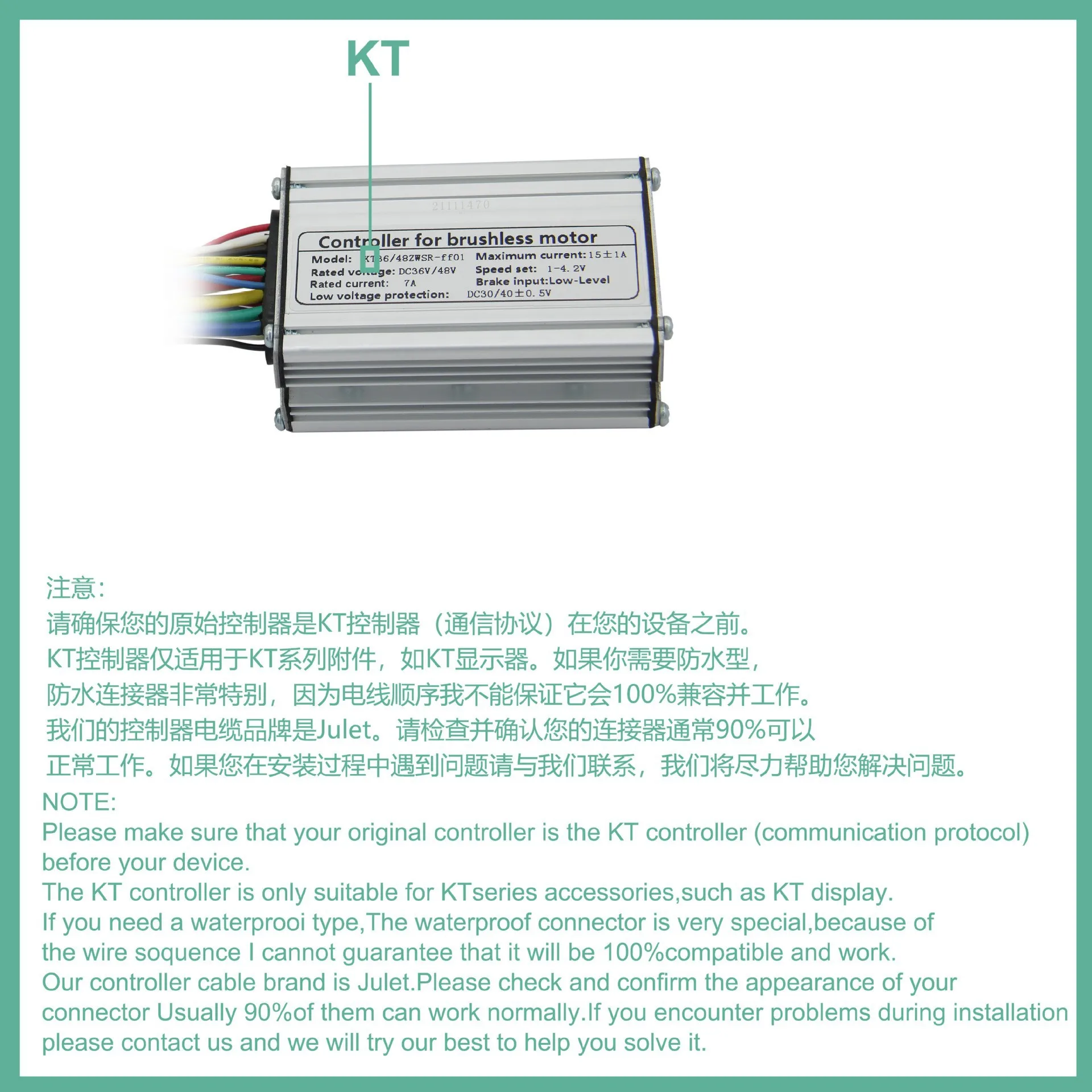 Original E-Bike 36V/48V KT Controller,Electric Scooter 6-Tube KT-15A Square Wave Controller SM Connector,for 250W Motor