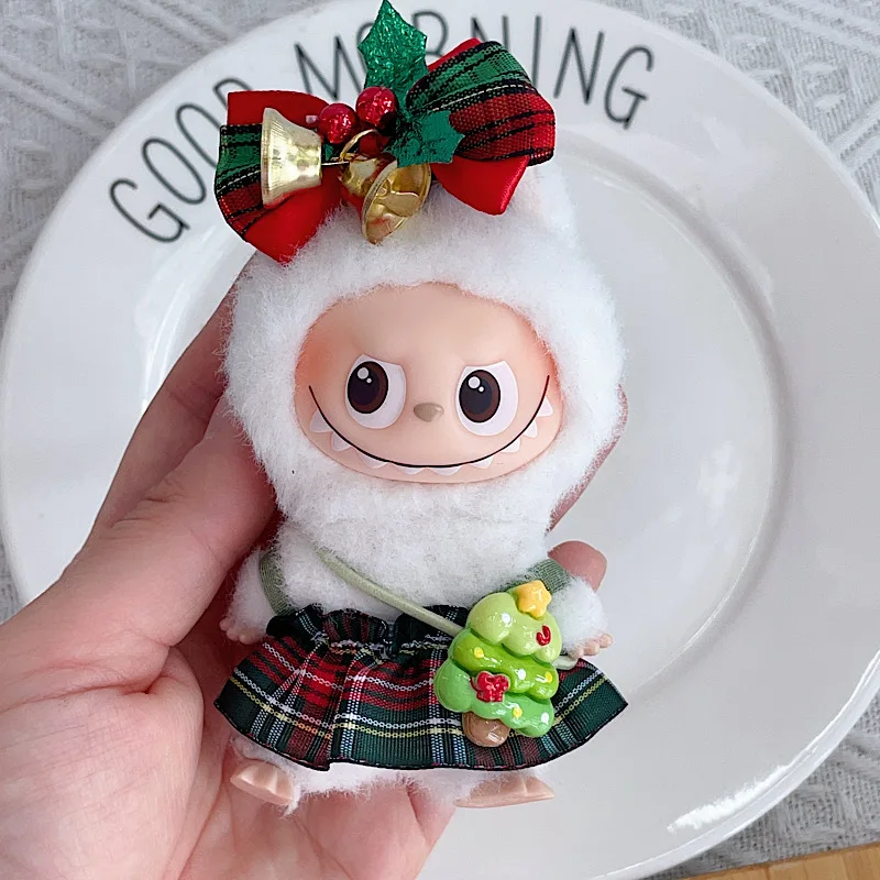 

Clothes For LABUBU New 10cm Mini 4.0 Gen Doll Outfits Christmas Theme Plaid Suspender Skirt With Bow/Bell Hair Accessory